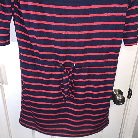 Umgee Red & Navy Striped Pullover Tie Waist Terry Cloth Casual Dress size Medium - Picture 4 of 7